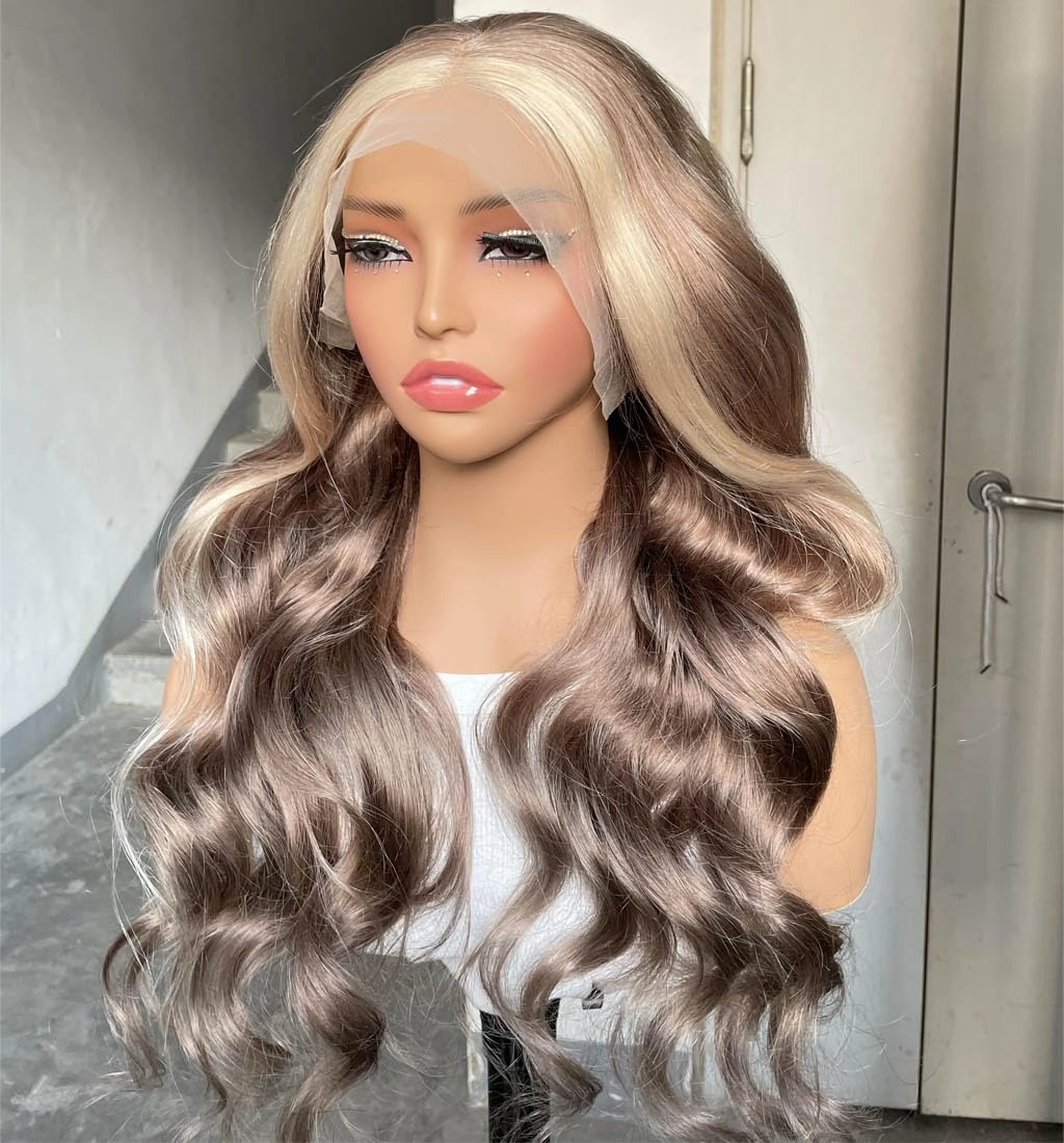 Rina Ash Brown with Skunk Stripe 613 Lace Front Wig Human Hair Summer Choice Fashion 210% Density Body Wave Champagne with Platinum Blonde Highlights 13x4 Lace Front Wig for Women 20 Inch