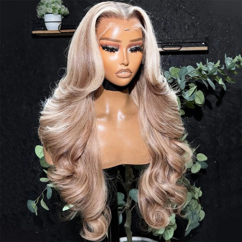 Rina Ash Brown with Skunk Stripe 613 Lace Front Wig Human Hair Summer Choice Fashion 210% Density Body Wave Champagne with Platinum Blonde Highlights 13x4 Lace Front Wig for Women 20 Inch
