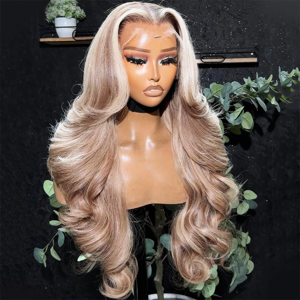 Rina Ash Brown with Skunk Stripe 613 Lace Front Wig Human Hair Summer Choice Fashion 210% Density Body Wave Champagne with Platinum Blonde Highlights 13x4 Lace Front Wig for Women 26 Inch