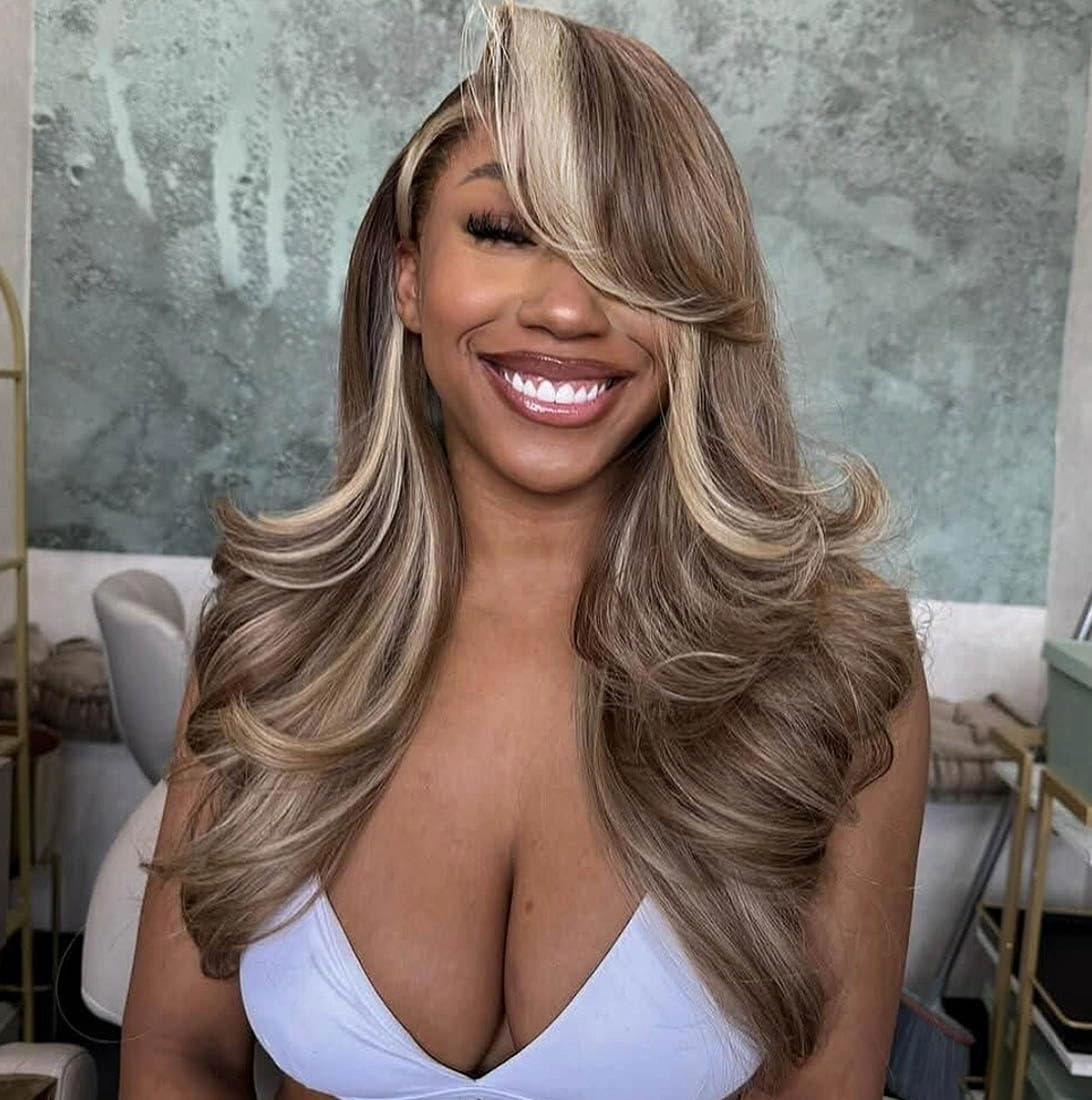 Rina Ash Brown with Skunk Stripe 613 Lace Front Wig Human Hair Summer Choice Fashion 210% Density Body Wave Champagne with Platinum Blonde Highlights 13x4 Lace Front Wig for Women 26 Inch