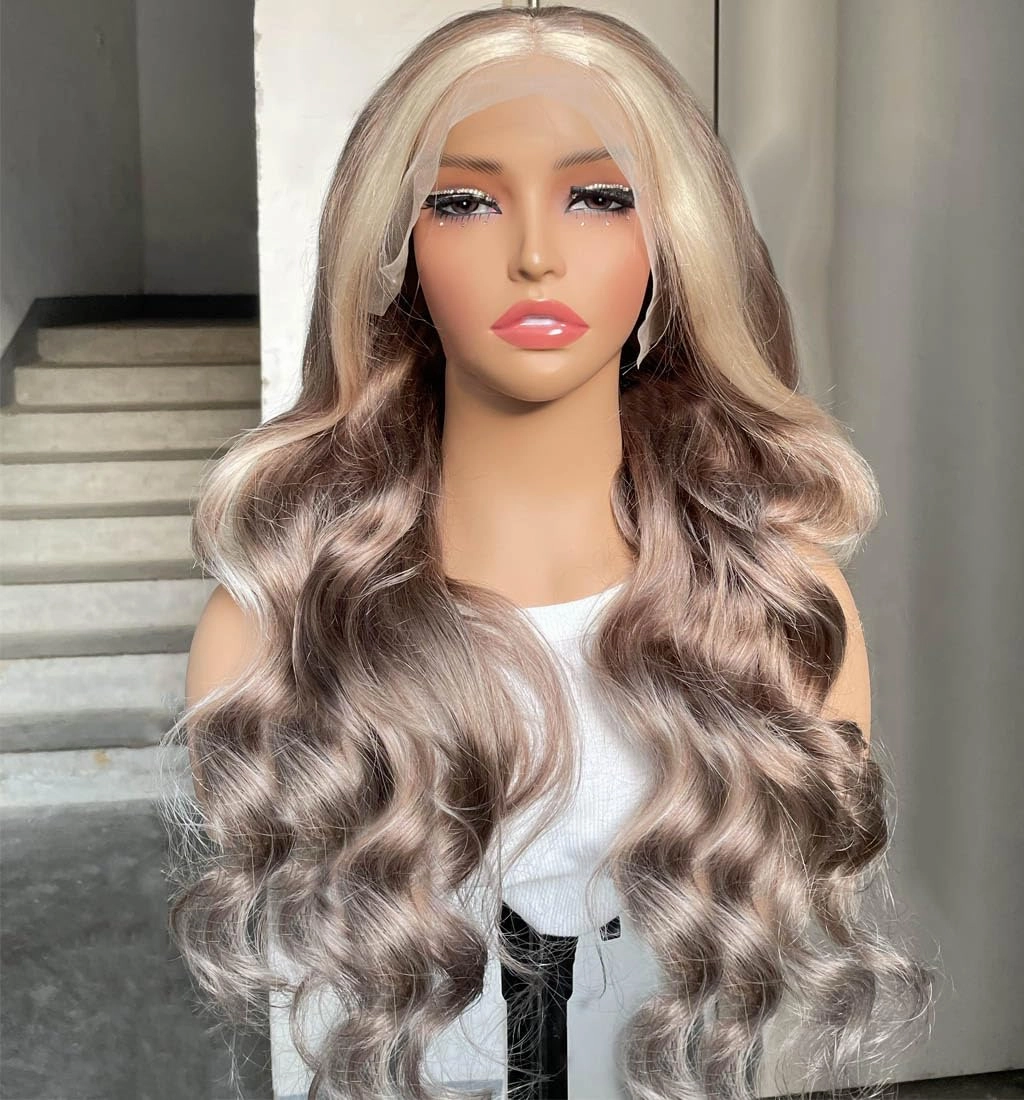 Rina Ash Brown with Skunk Stripe 613 Lace Front Wig Human Hair Summer Choice Fashion 210% Density Body Wave Champagne with Platinum Blonde Highlights 13x4 Lace Front Wig for Women 26 Inch