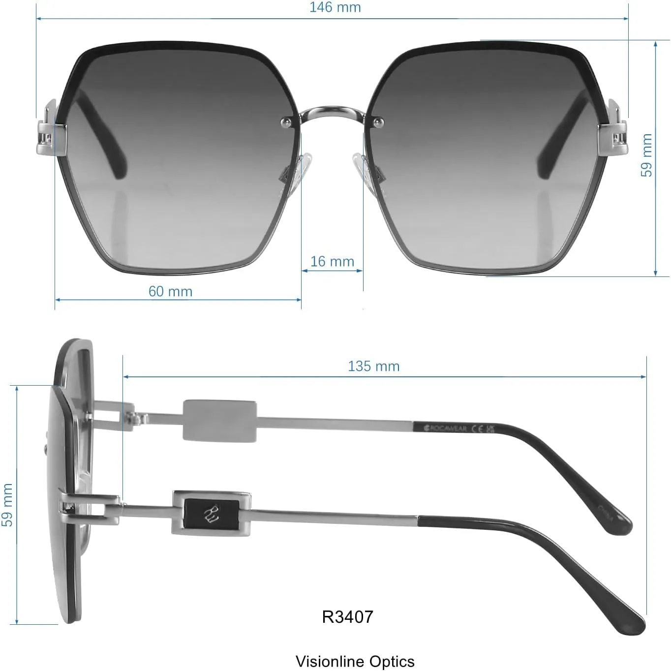 Rocawear R3407 Geometric Metal Uv400 Protective Hexagonal Sunglasses. Gifts for Women with Flair, 60 Mm