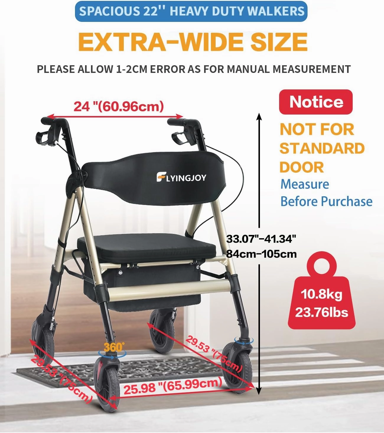 Rollator Walker with Seat,450Lb Rolling Walker, Extra-Wide Heavy-Duty Rollator Walker with Seat and Brakes for Seniors and Adults Bariatric with Large Aluminum (Champagne)