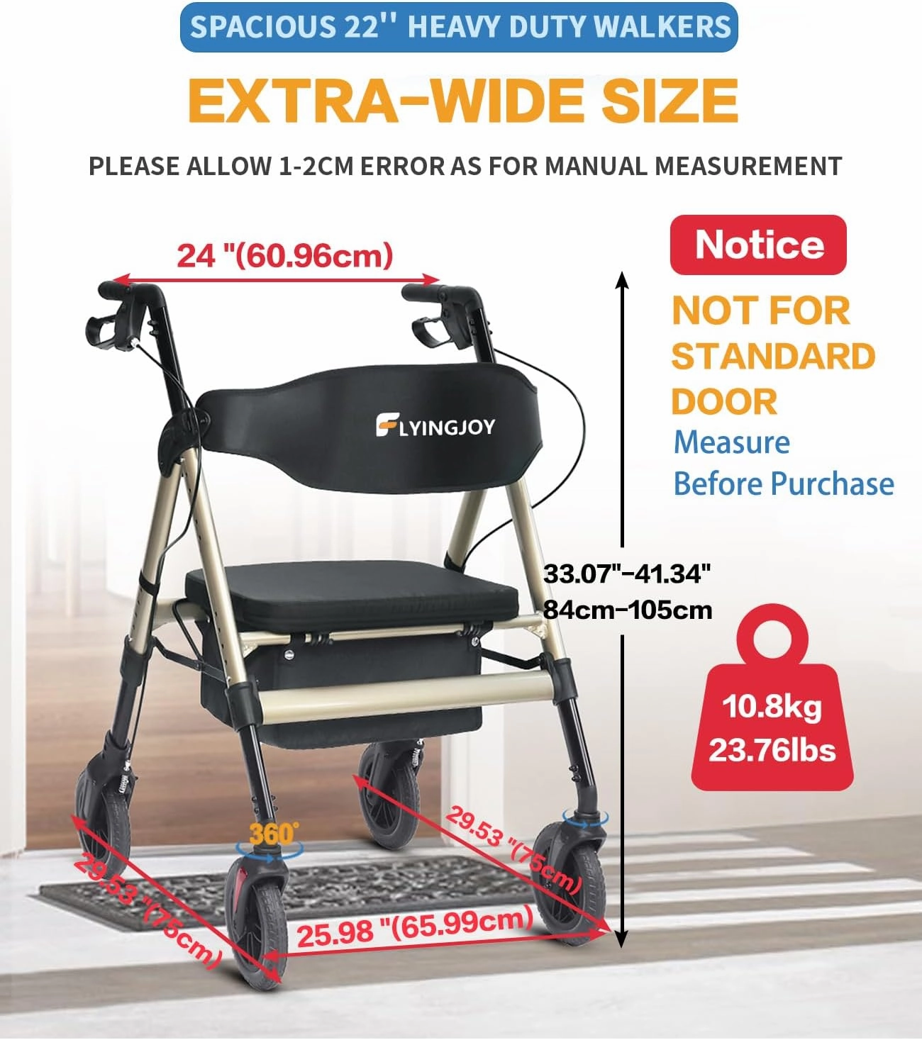 Rollator Walker with Seat,450Lb Rolling Walker, Extra-Wide Heavy-Duty Rollator Walker with Seat and Brakes for Seniors and Adults Bariatric with Large Aluminum (Champagne)