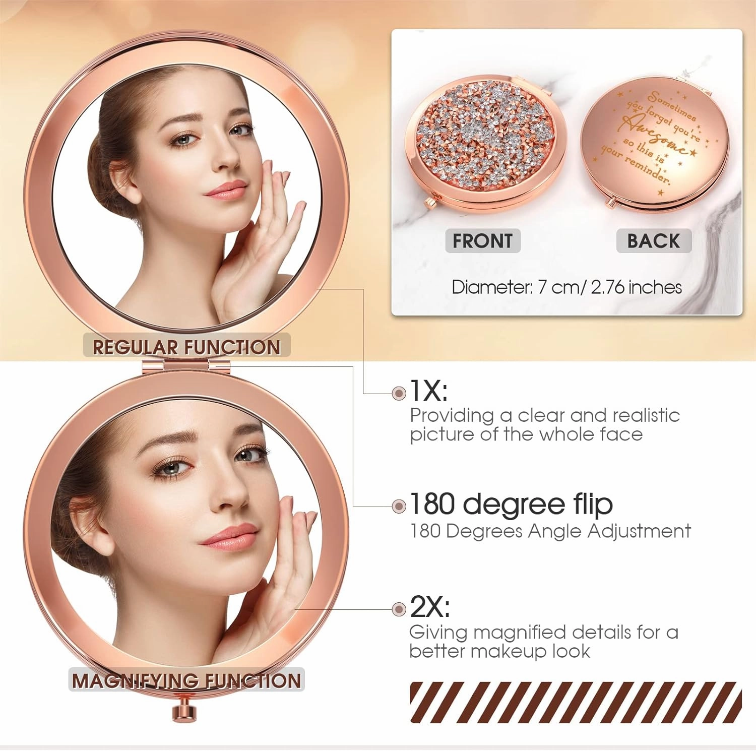 Roowest 20 Pcs Inspirational Compact Mirror Sometimes You Forget You're Awesome Appreciation Gifts for Women Employee Coworker Friends Birthday Party Favors Magnifying Pocket Mirror (Rose Gold)