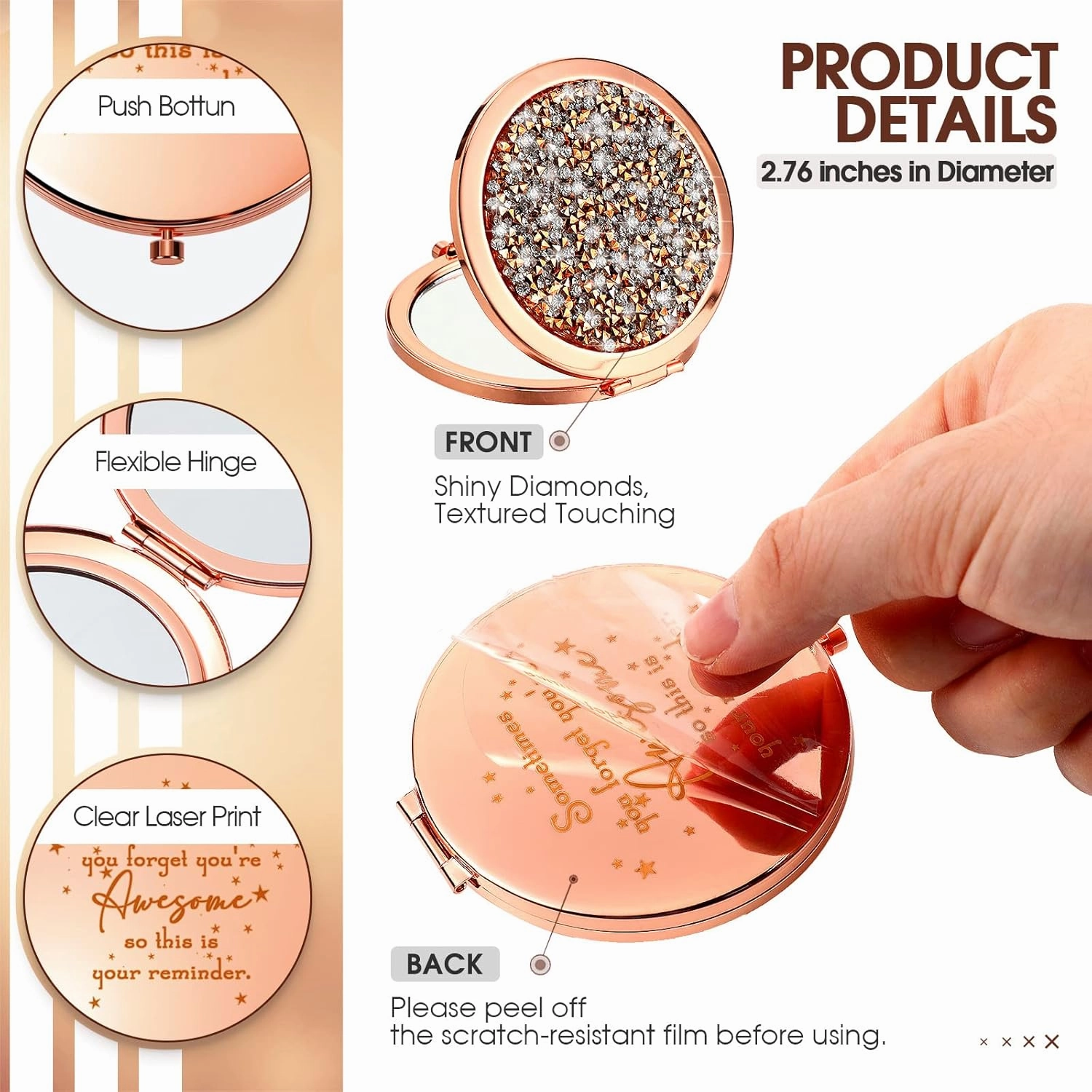 Roowest 20 Pcs Inspirational Compact Mirror Sometimes You Forget You're Awesome Appreciation Gifts for Women Employee Coworker Friends Birthday Party Favors Magnifying Pocket Mirror (Rose Gold)