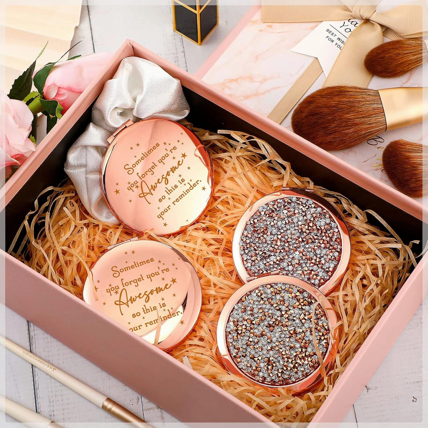 Roowest 20 Pcs Inspirational Compact Mirror Sometimes You Forget You're Awesome Appreciation Gifts for Women Employee Coworker Friends Birthday Party Favors Magnifying Pocket Mirror (Rose Gold)