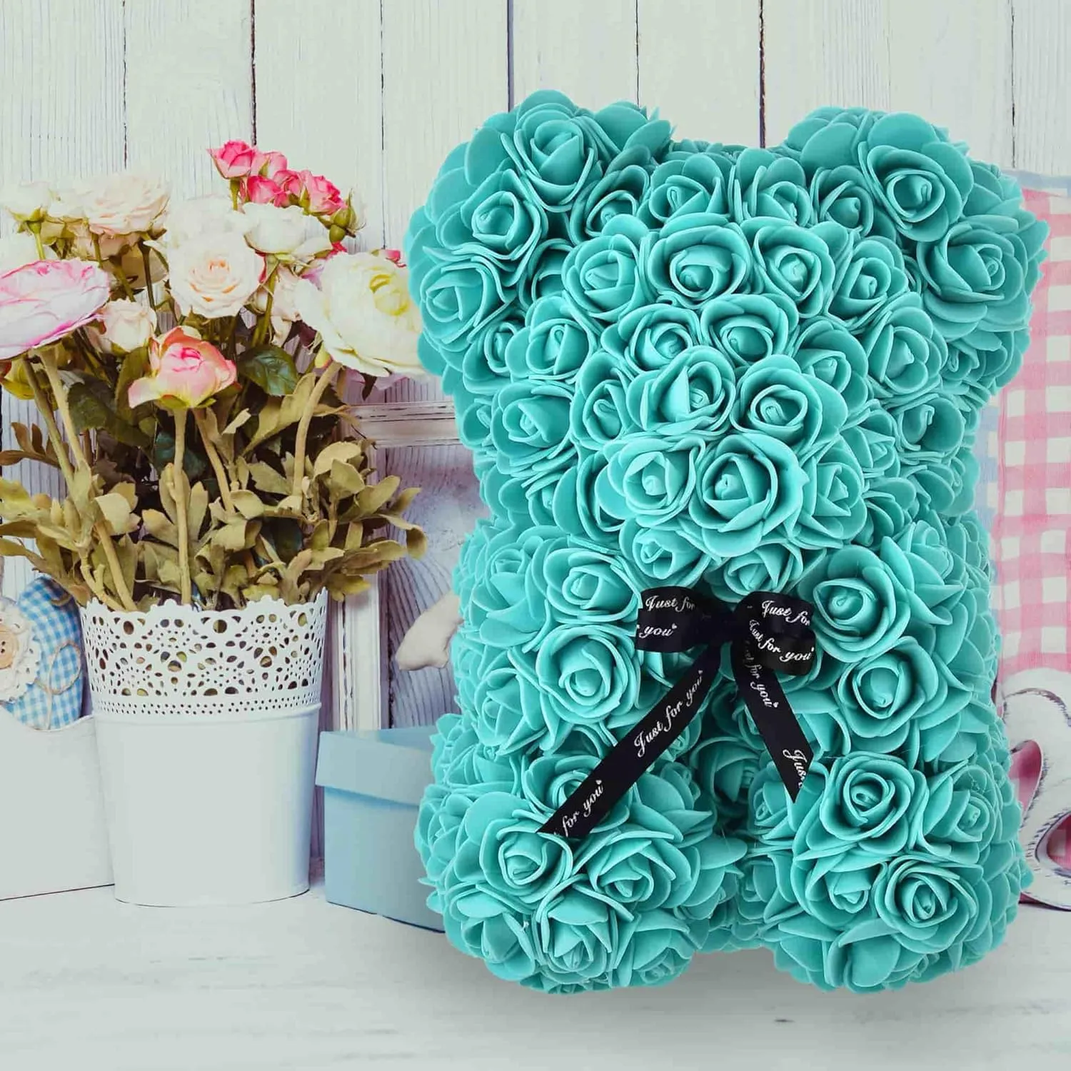 Rose Bear Gift, 10 Inch Artificial Flower Rose Teddy Bear with Gift Box, for Anniversary, Christmas, Wedding, Birthday, Romantic Gift for Her (Tiffany)