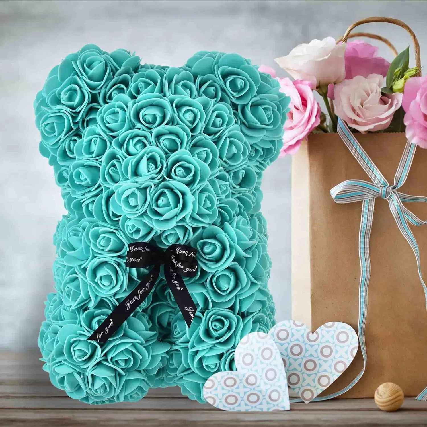 Rose Bear Gift, 10 Inch Artificial Flower Rose Teddy Bear with Gift Box, for Anniversary, Christmas, Wedding, Birthday, Romantic Gift for Her (Tiffany)