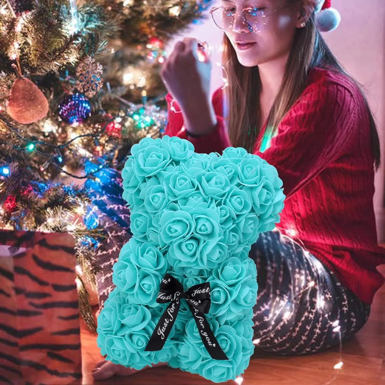 Rose Bear Gift, 10 Inch Artificial Flower Rose Teddy Bear with Gift Box, for Anniversary, Christmas, Wedding, Birthday, Romantic Gift for Her (Tiffany)