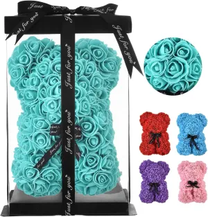 Rose Bear Gift, 10 Inch Artificial Flower Rose Teddy Bear with Gift Box, for Anniversary, Christmas, Wedding, Birthday, Romantic Gift for Her (Tiffany)