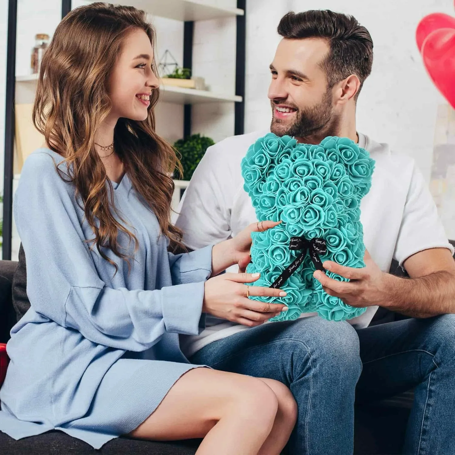 Rose Bear Gift, 10 Inch Artificial Flower Rose Teddy Bear with Gift Box, for Anniversary, Christmas, Wedding, Birthday, Romantic Gift for Her (Tiffany)