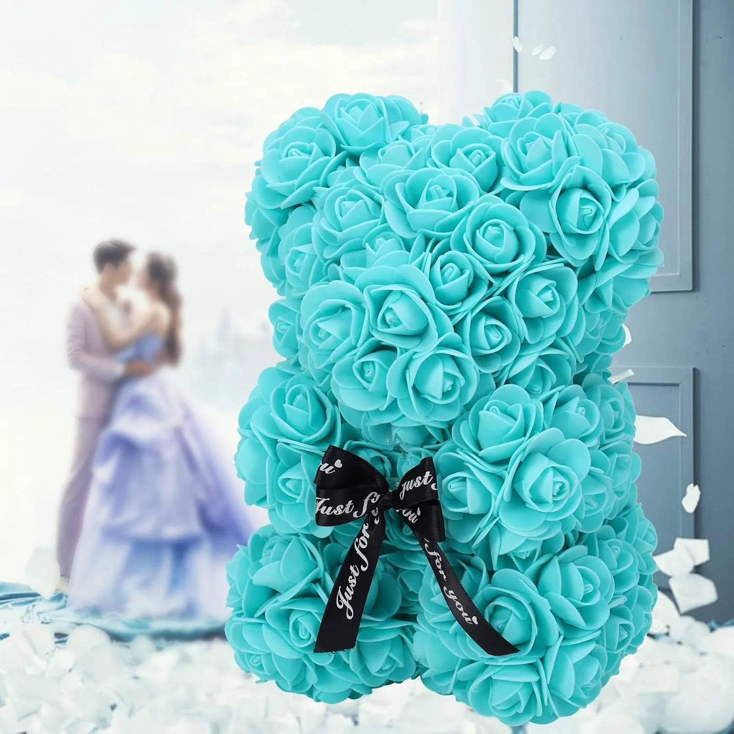 Rose Bear Gift, 10 Inch Artificial Flower Rose Teddy Bear with Gift Box, for Anniversary, Christmas, Wedding, Birthday, Romantic Gift for Her (Tiffany)