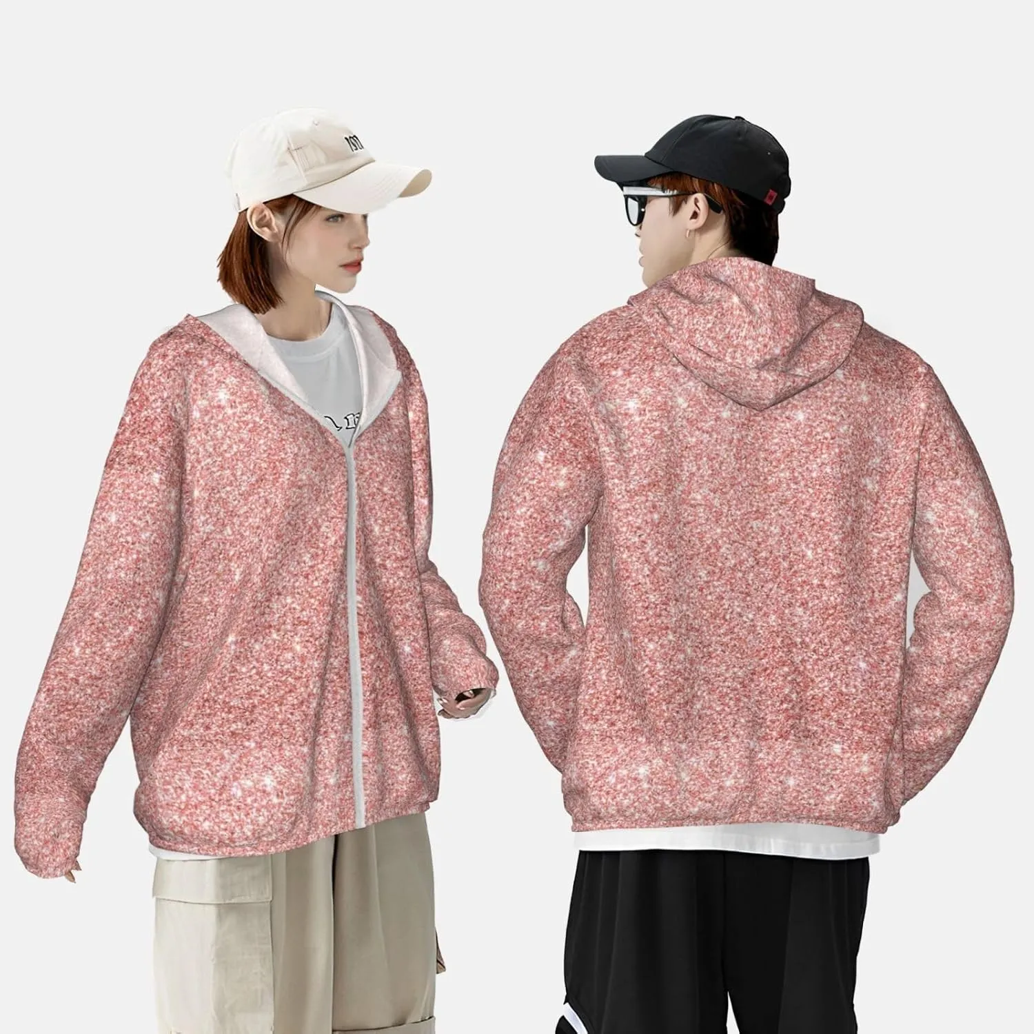 Rose Gold Pink Glitter Men Women Full Zip Sun Protection Hoodie Packable Outdoor Hiking -