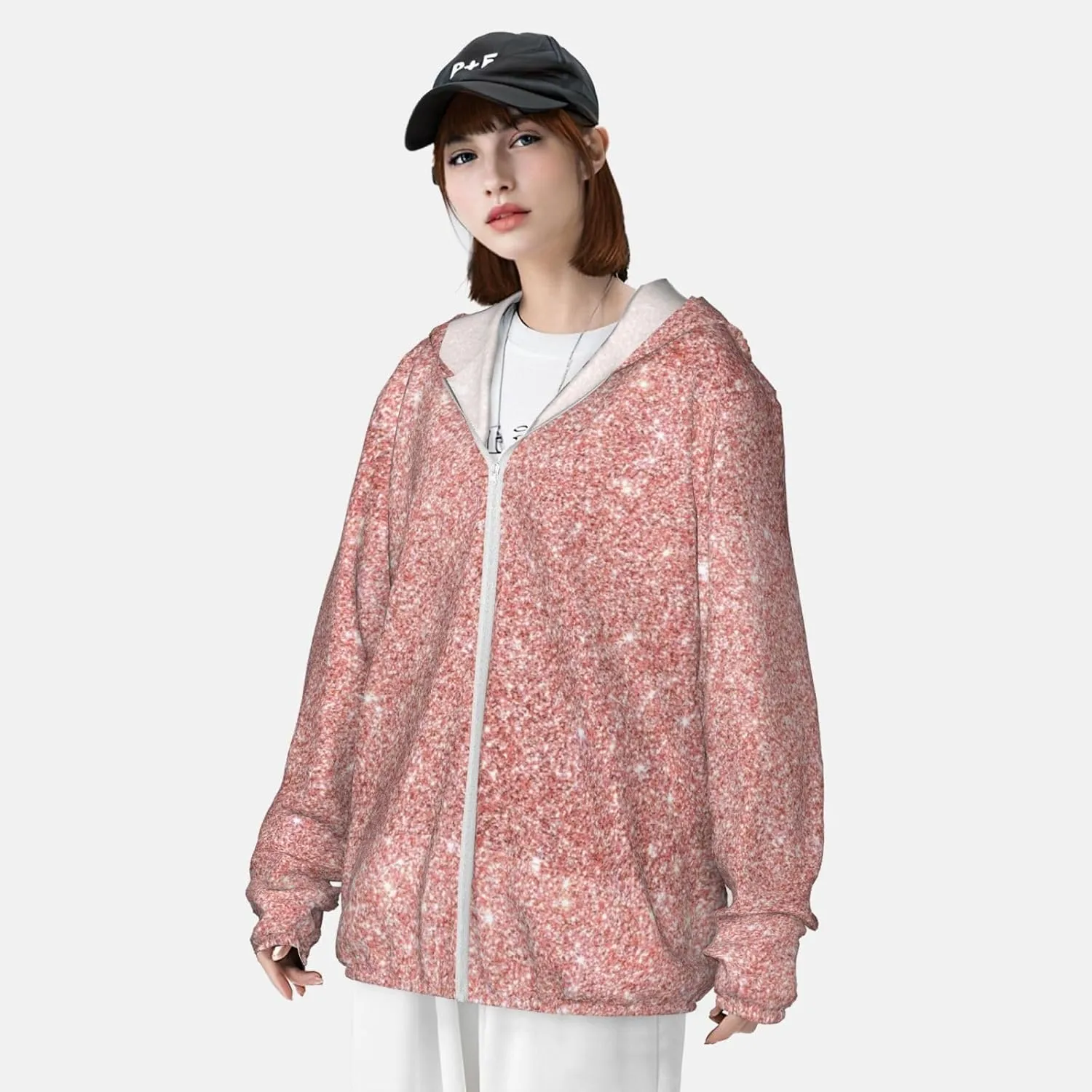 Rose Gold Pink Glitter Men Women Full Zip Sun Protection Hoodie Packable Outdoor Hiking -