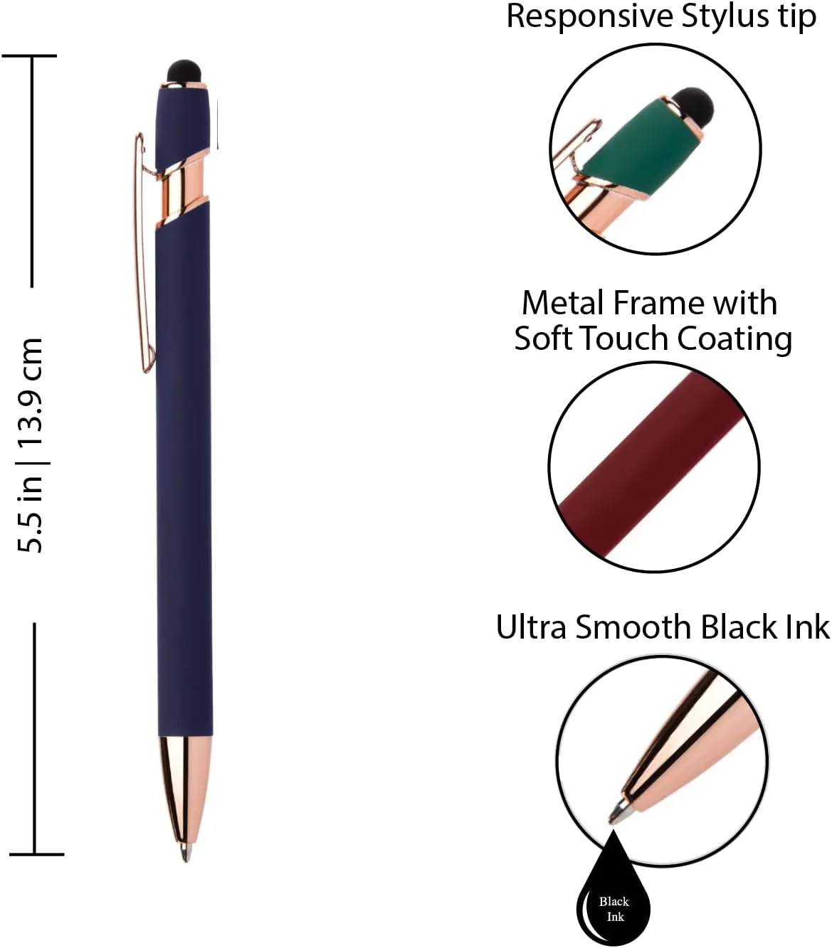 Rose Gold Rubberized Soft Touch | Rose Gold Colors | Ballpoint Pen with Stylus Tip a stylish, premium metal pen, black ink, medium point (Assorted, 7 Pack)