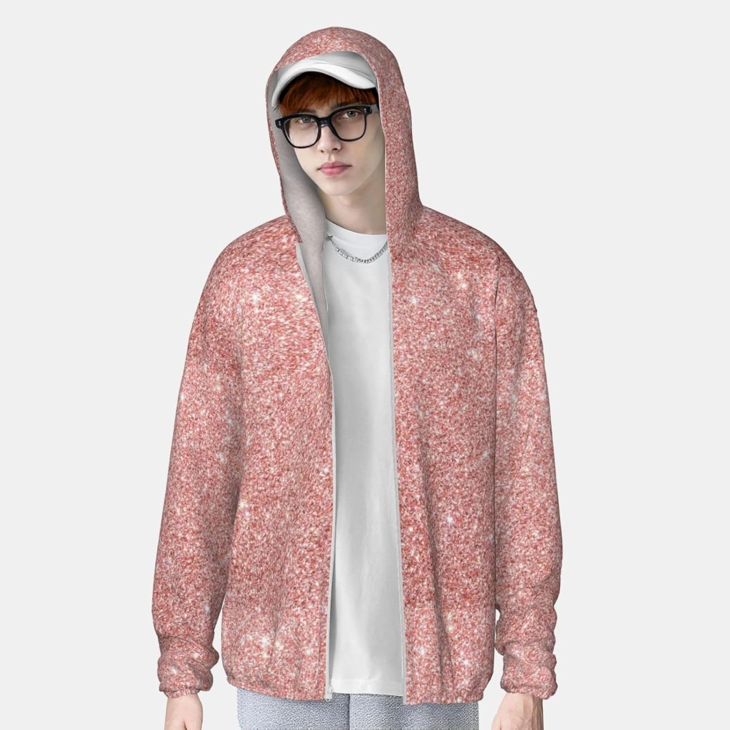 Rose Gold Pink Glitter Men Women Full Zip Sun Protection Hoodie Packable Outdoor Hiking -