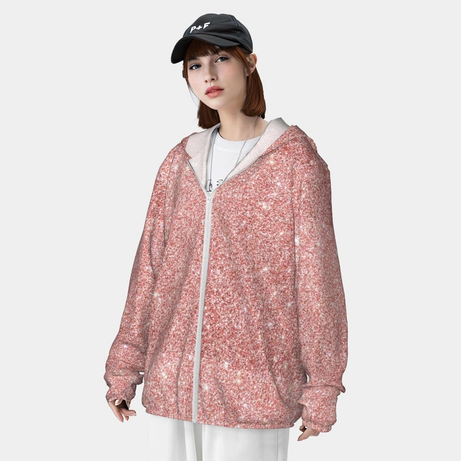 Rose Gold Pink Glitter Men Women Full Zip Sun Protection Hoodie Packable Outdoor Hiking -