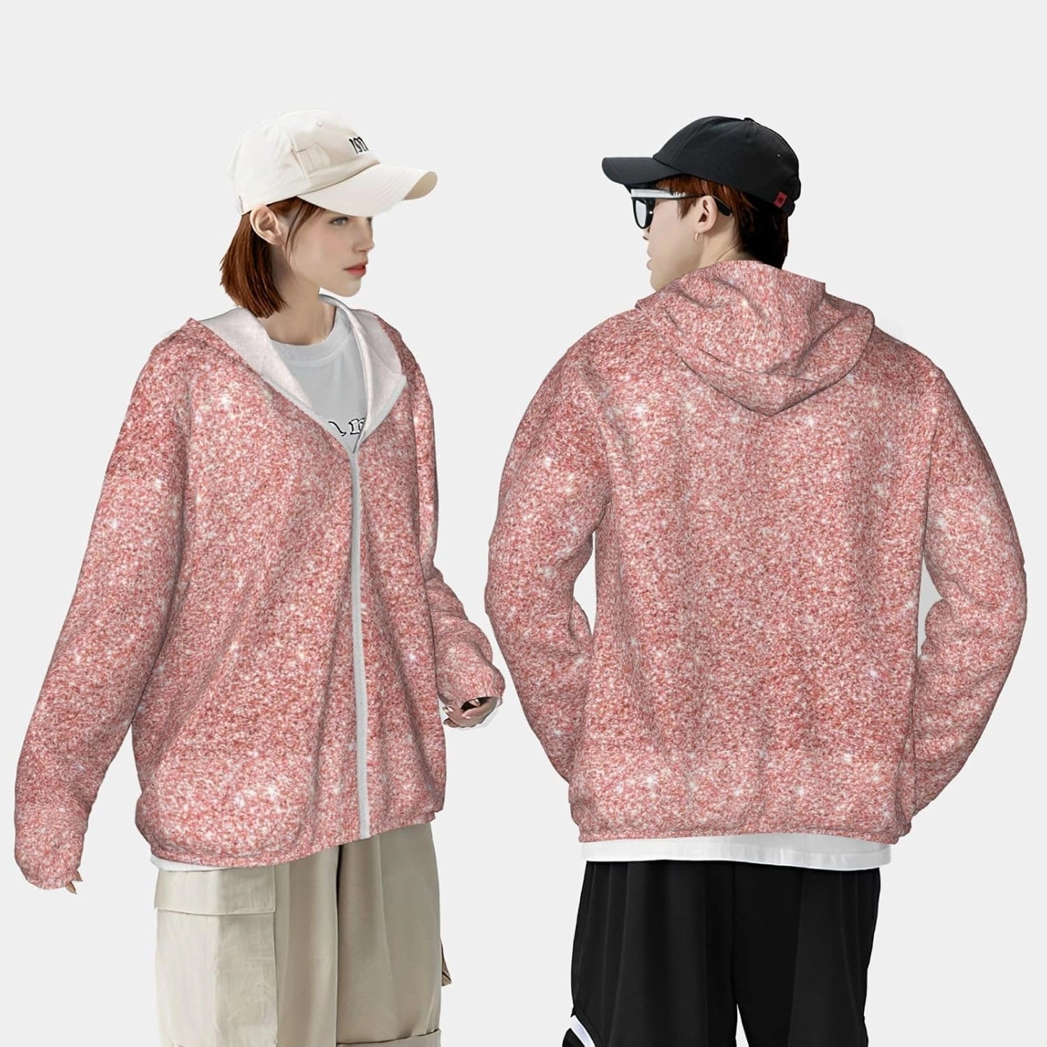 Rose Gold Pink Glitter Men Women Full Zip Sun Protection Hoodie Packable Outdoor Hiking -