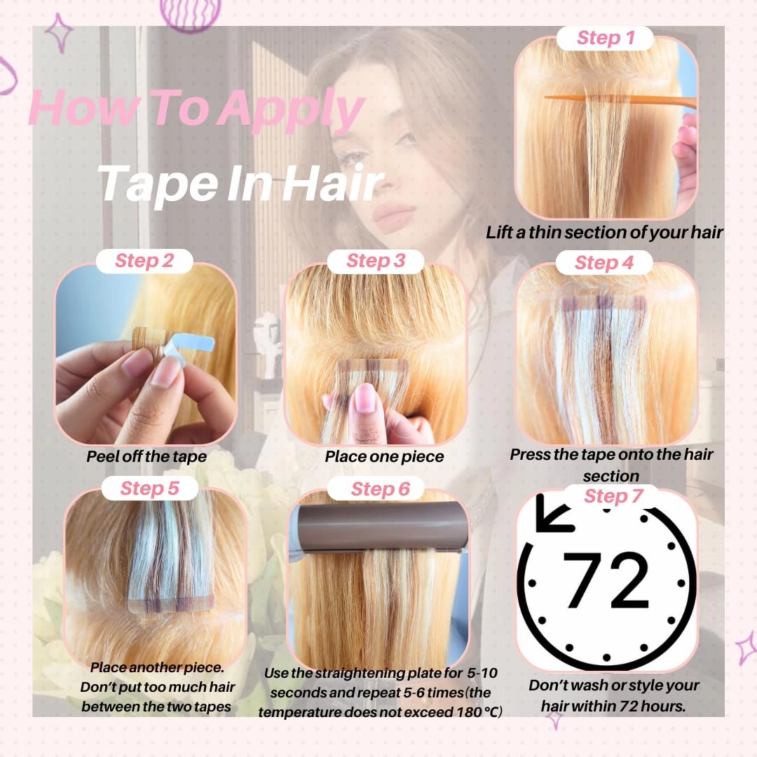 Rose Gold Pink Tape in Hair Extensions Human Hair Invisible Tape in Straight Hair Extensions 16 inch for Women