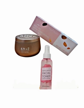 Rose Scented Candle and Rose Oil Ultra Moisturizing Hand Cream and Hydrating Rose Water Gift Bundle for all occassions