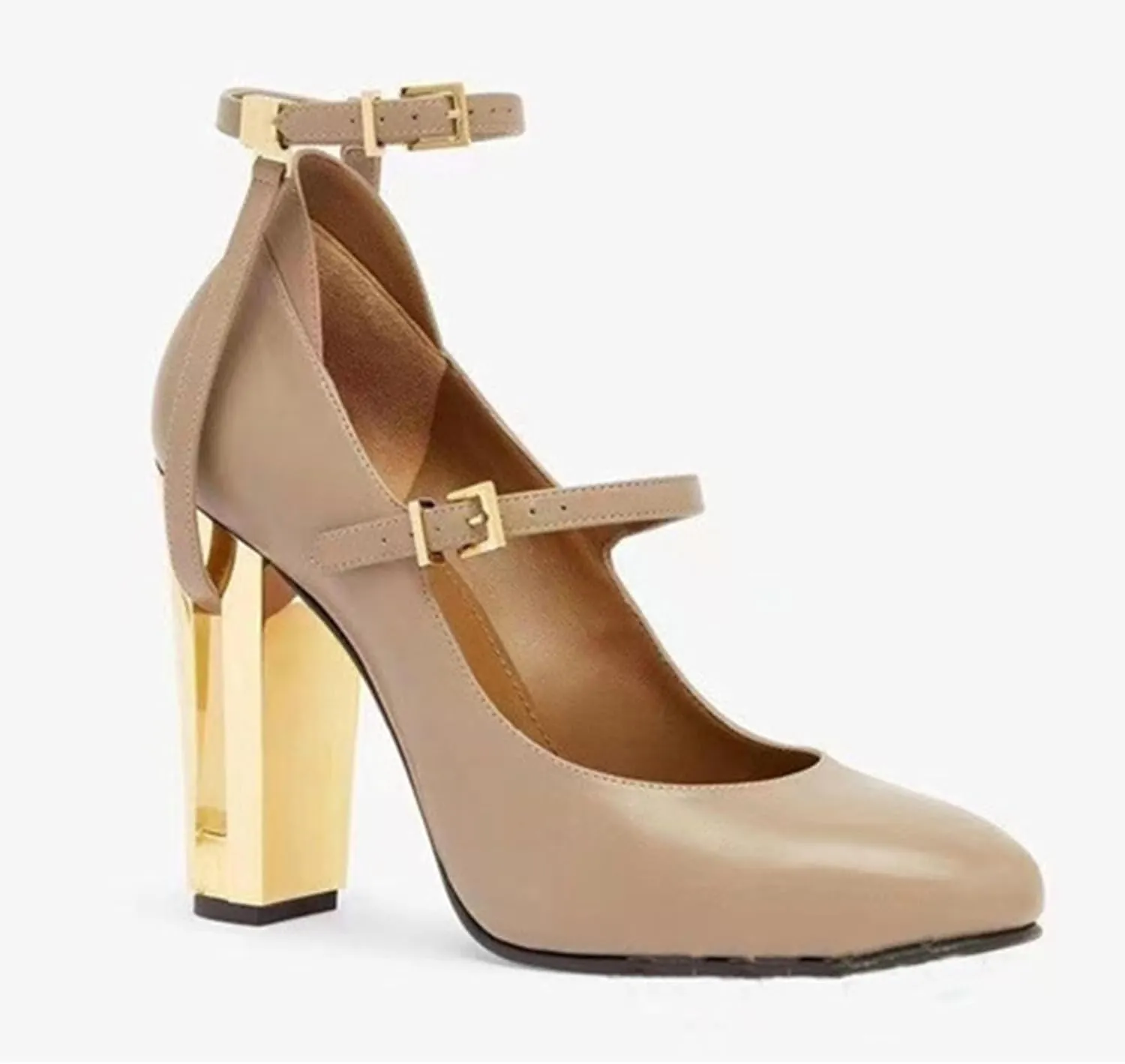 Round-Toe High Heels,Women's Thick Heels,Hollow Metal Heels,Belt Buckle Design,Elegant and Comfortable Shoes