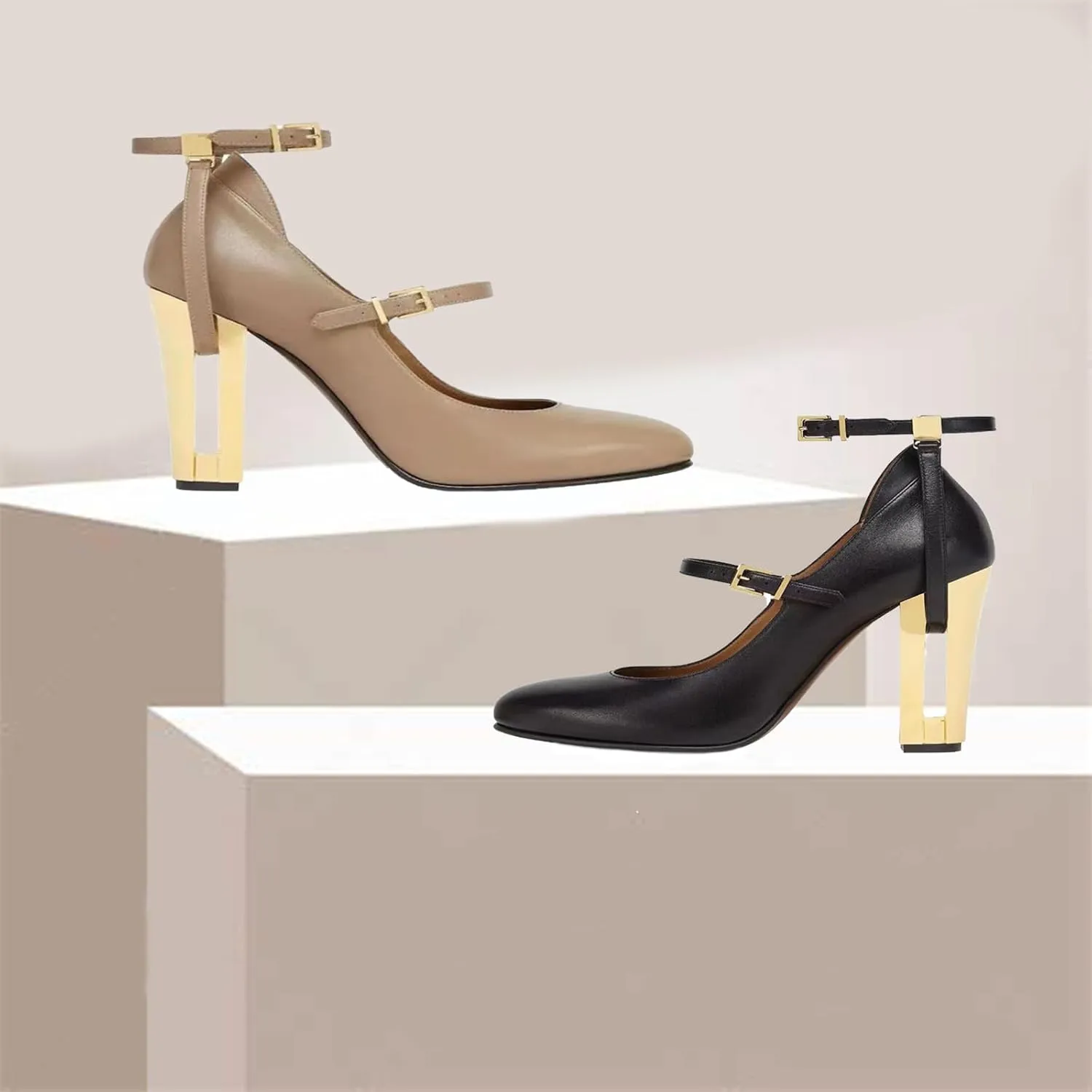 Round-Toe High Heels,Women's Thick Heels,Hollow Metal Heels,Belt Buckle Design,Elegant and Comfortable Shoes