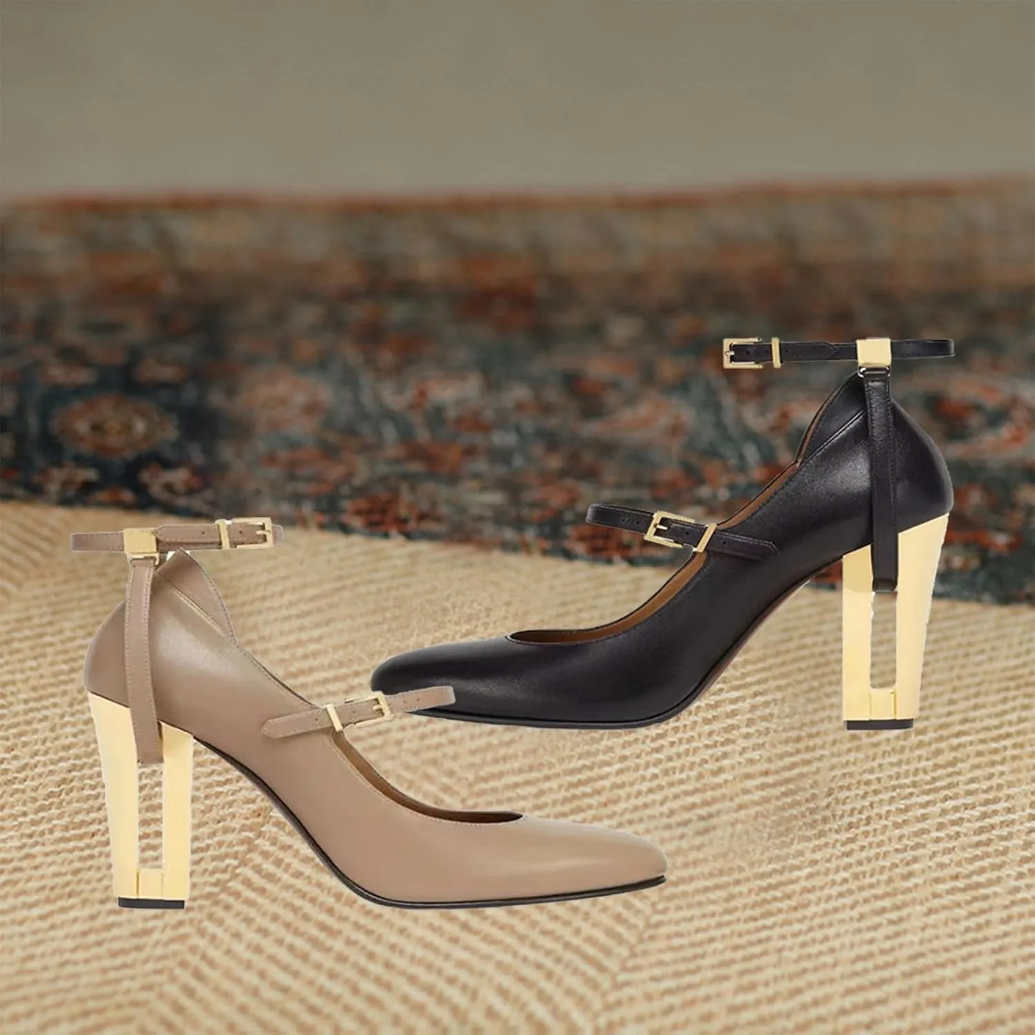 Round-Toe High Heels,Women's Thick Heels,Hollow Metal Heels,Belt Buckle Design,Elegant and Comfortable Shoes