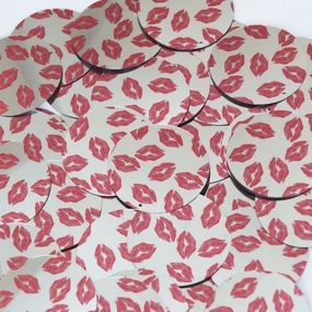 Round Sequin 30mm Red Lips Kiss Lipstick Print Silver Metallic Paillettes