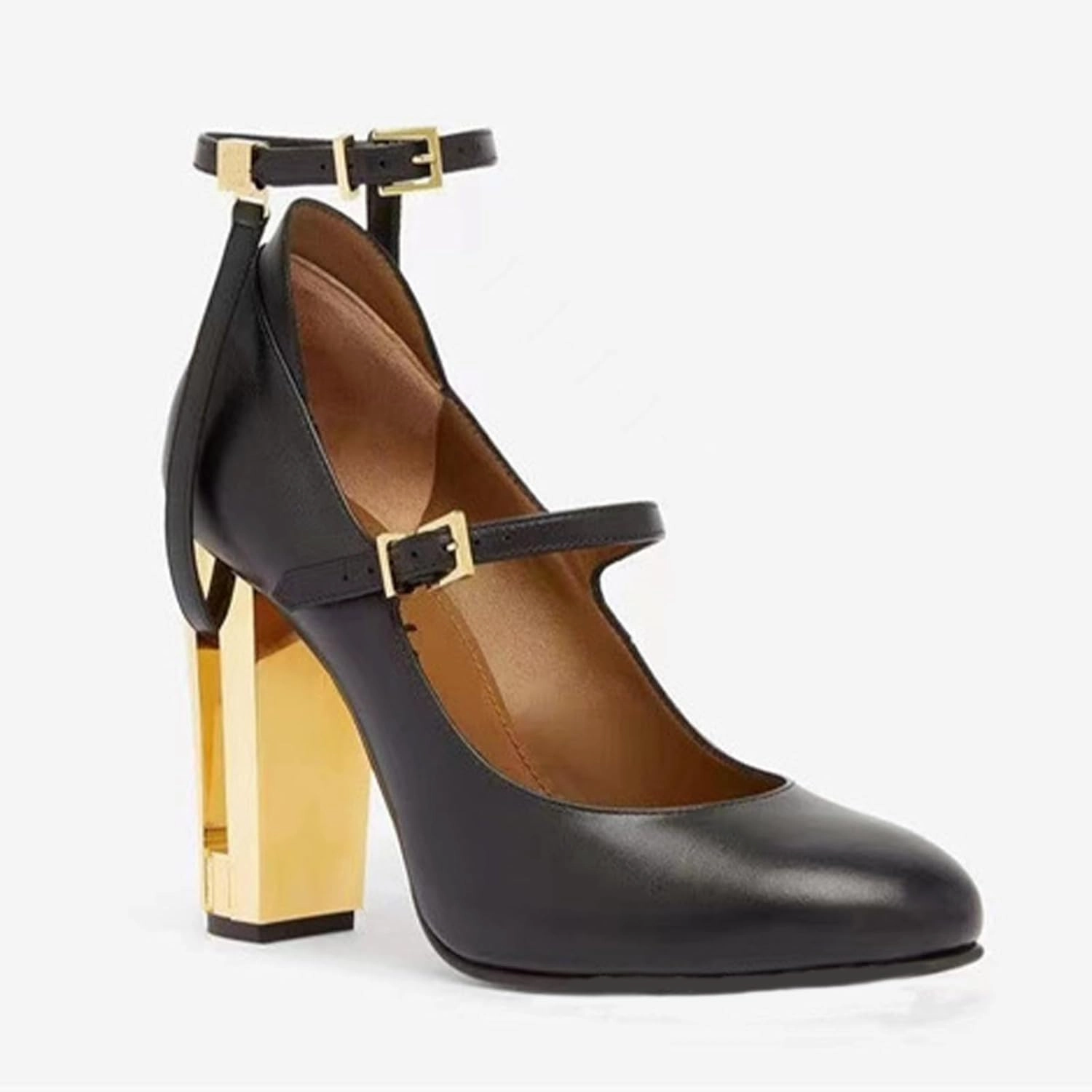 Round-Toe High Heels,Women's Thick Heels,Hollow Metal Heels,Belt Buckle Design,Elegant and Comfortable Shoes