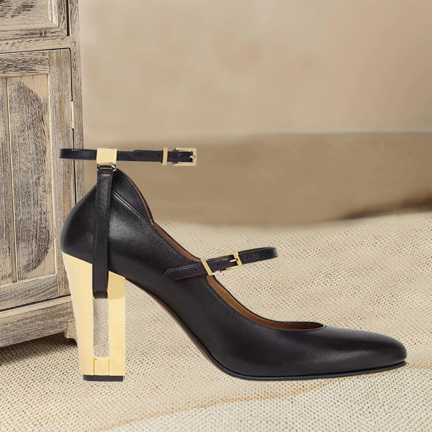 Round-Toe High Heels,Women's Thick Heels,Hollow Metal Heels,Belt Buckle Design,Elegant and Comfortable Shoes