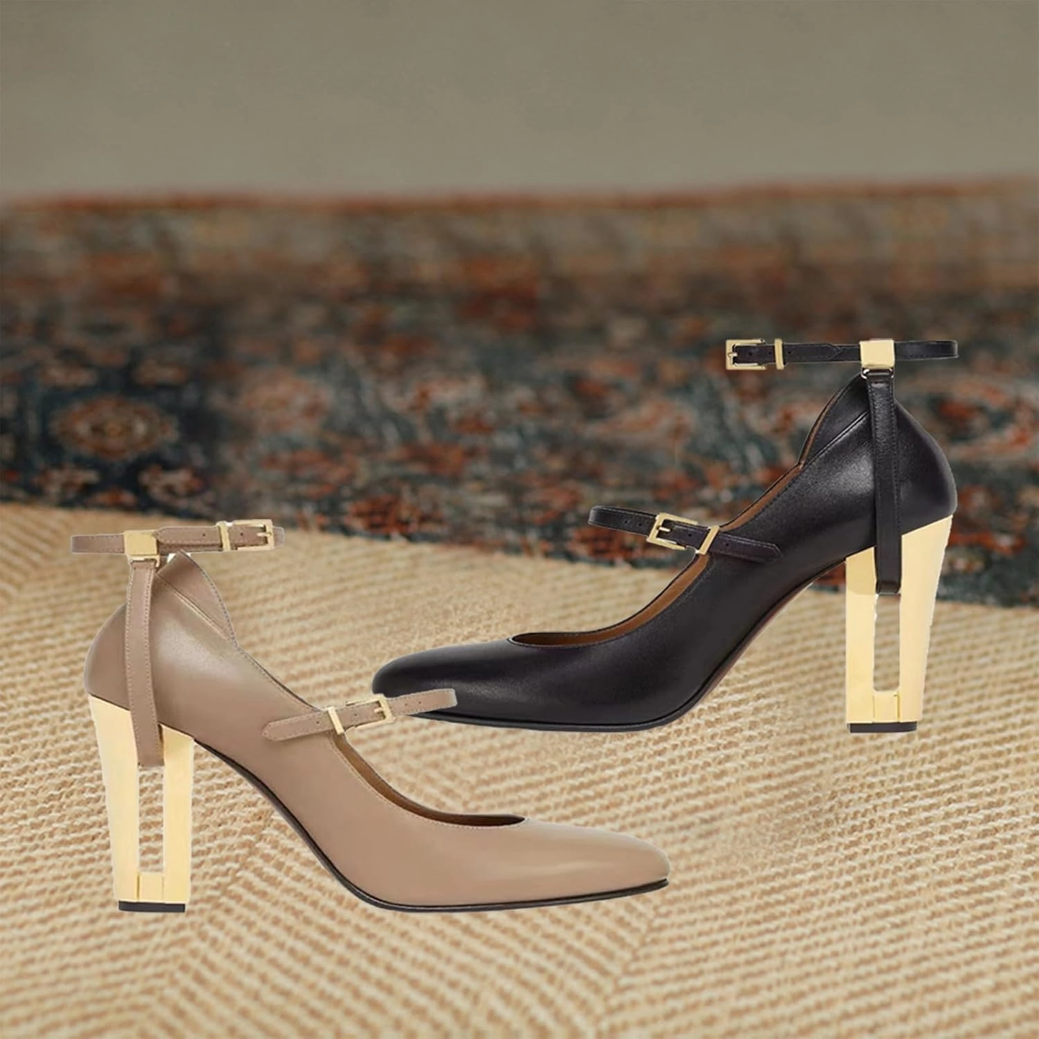 Round-Toe High Heels,Women's Thick Heels,Hollow Metal Heels,Belt Buckle Design,Elegant and Comfortable Shoes
