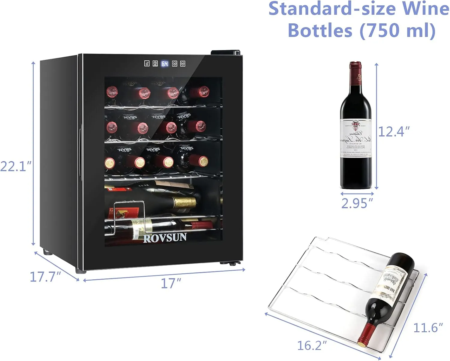 ROVSUN 16 Bottle Wine Cooler Refrigerator, Freestanding Compressor Wine Chiller, Beverage Wine Fridge with Digital Temperature Control & Double-layer Glass Door for Red White Wine, Champagne, Beer