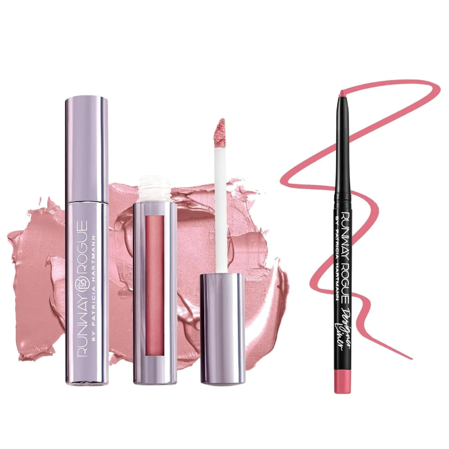 Runway Rogue ‘Trophy Wife’ Frosted Pastel-Pink Silk Glam Long Wear Liquid Lipstick Bundle with ‘It’s a Wrap’ Matte-Pink Designer Liner Lip Liner