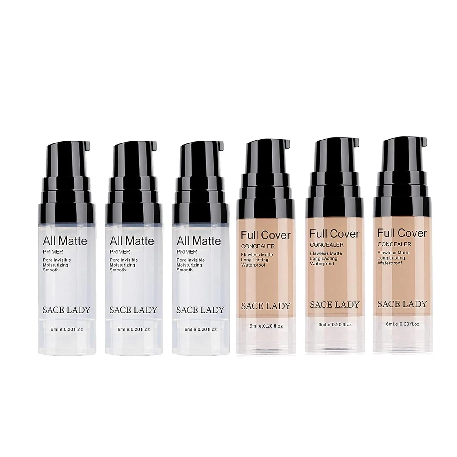 SACE LADY Smooth Face Primer 3pcs & Full Coverage Liquid Concealer 3pcs, Poreless Smooth Flawless Face Makeup Set for Blemishes, Dark Spots, Eye Circles, Imperfections Cover