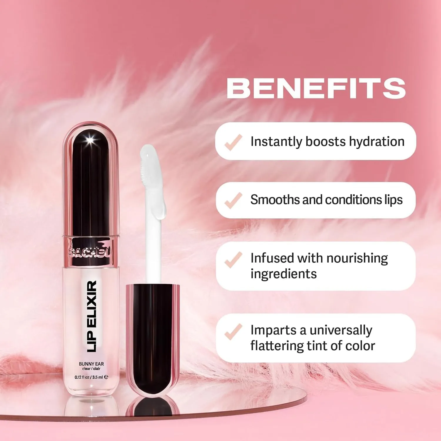 Sacheu Lip Elixir Nourishing and Hydrating Lipgloss — Moisturizing Plumping Lip Gloss Enriched with Collagen, Non-Sticky Lip Color Smooth High-Shine Finish, Vegan & Cruelty-Free, Clear & Sheer Pink