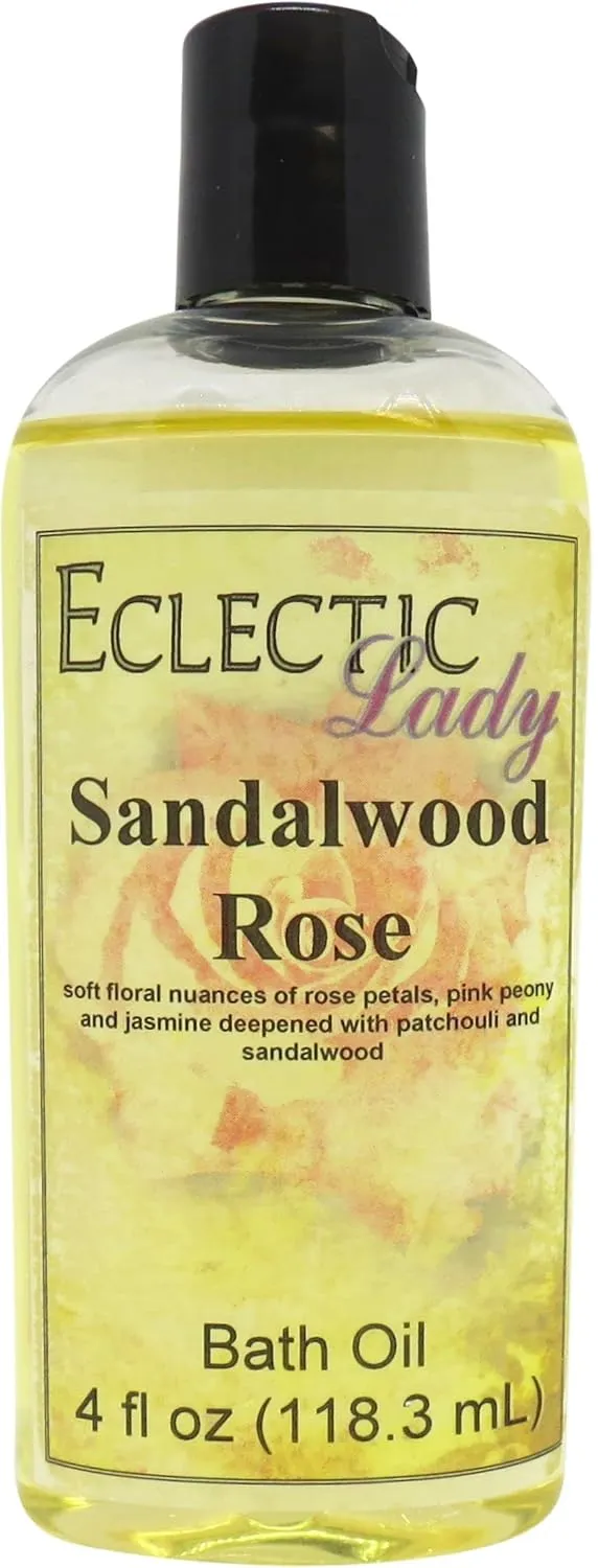 Sandalwood Rose Bath Oil by Eclectic Lady - Scented Bath Oil - Relaxing & Moisturizing Bathing Oil - Fragrance Body Oil For Dry & Rough Sensitive Skin - Body Daily Nourishing Shower Oil (4 oz)
