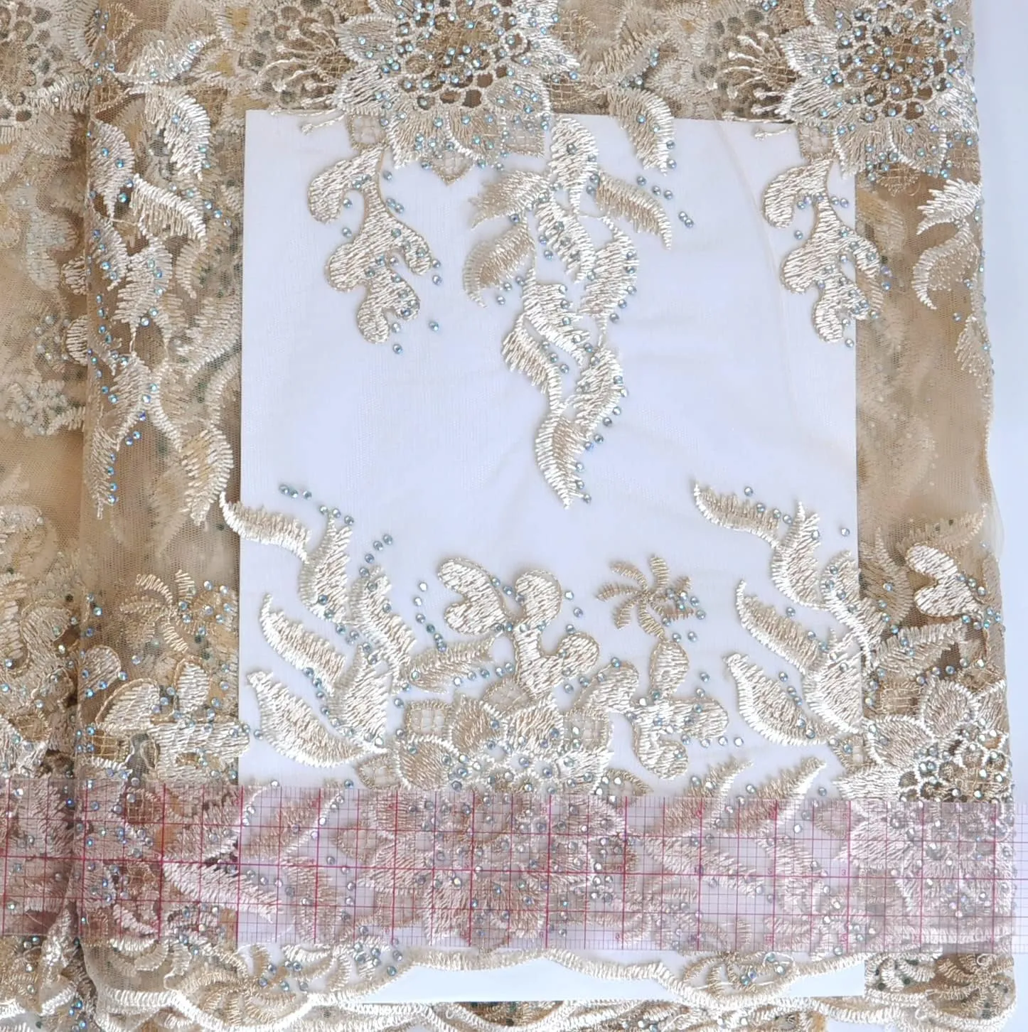 SanVera17 African Lace Net Fabrics Nigerian Embroidered Sparkling Stone French Fabric for Party Dress (Champagne) 5 Yards 269-4