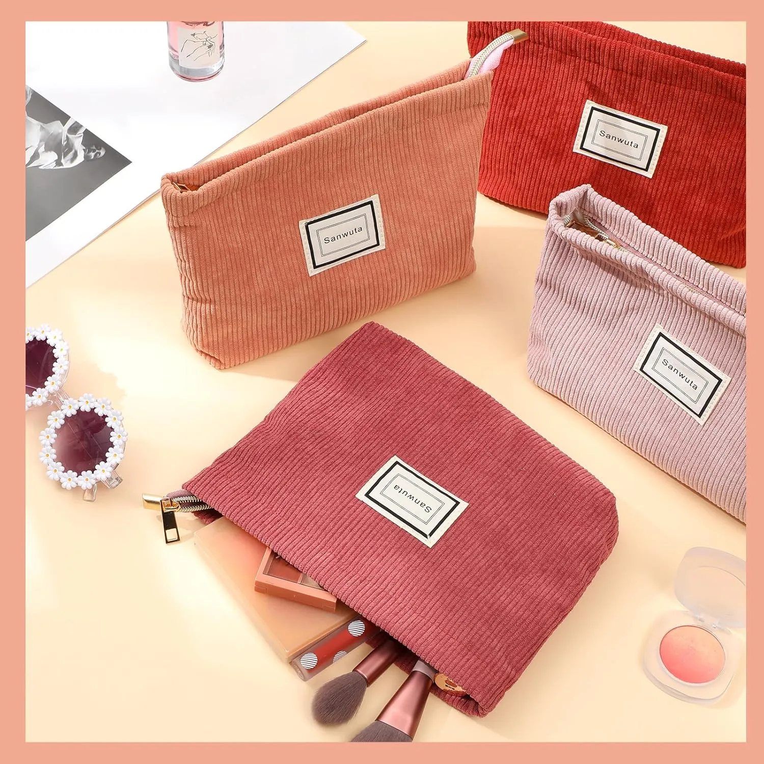 Sanwuta 4 Pack Velvet Makeup Bag Cosmetic Bag for Women Large Capacity Corduroy Pouch Zipper Canvas Travel Toiletry Purse Make up Organizer Case Accessories(Red Series,Plaid)