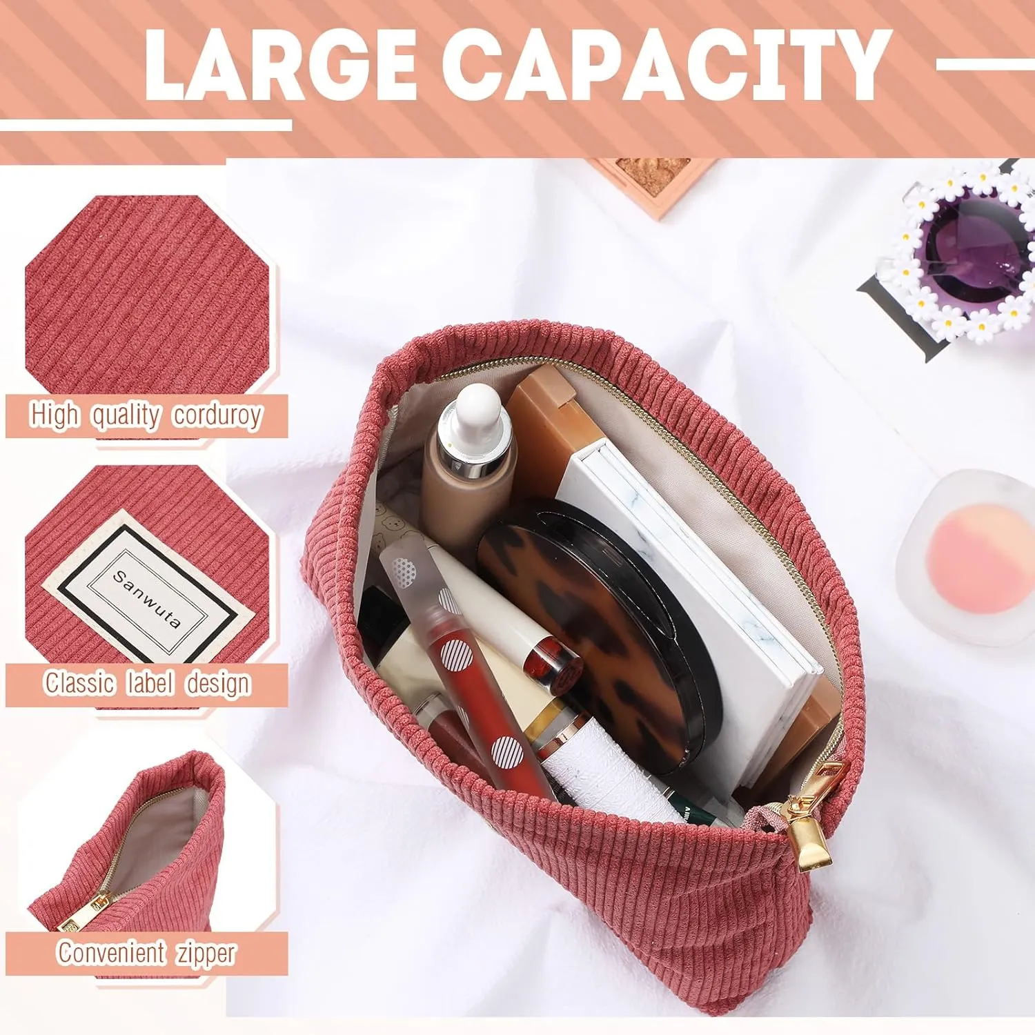 Sanwuta 4 Pack Velvet Makeup Bag Cosmetic Bag for Women Large Capacity Corduroy Pouch Zipper Canvas Travel Toiletry Purse Make up Organizer Case Accessories(Red Series,Plaid)