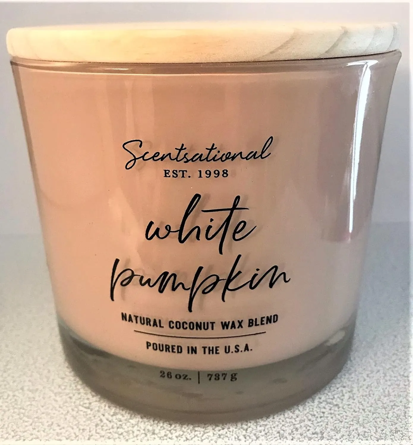 Scented Coconut Wax Blend Candle White Pumpkin XL Blush Pink Jar with Wooden Lid, 26 Oz.