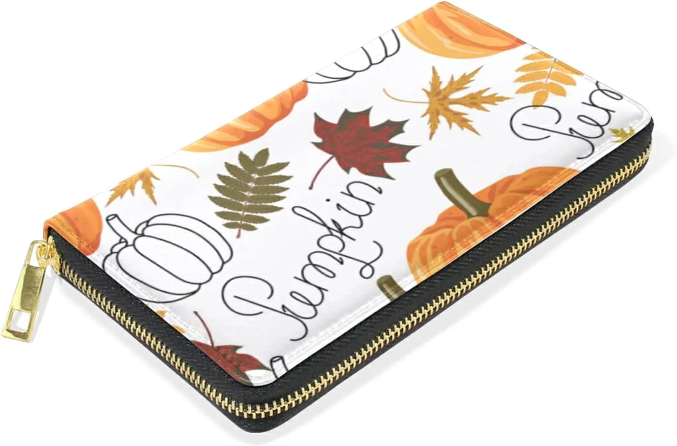 Seamless Autumn Leaves, Orange Pumpkins, Draft Pumpkins Leather Long Wallet Organizer with Zipper Purse Clutch Bag for Women Men