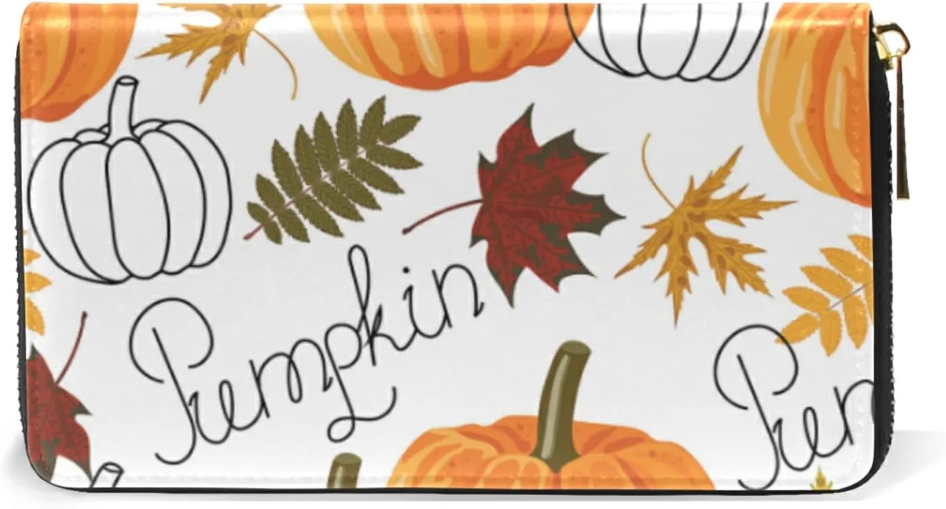 Seamless Autumn Leaves, Orange Pumpkins, Draft Pumpkins Leather Long Wallet Organizer with Zipper Purse Clutch Bag for Women Men