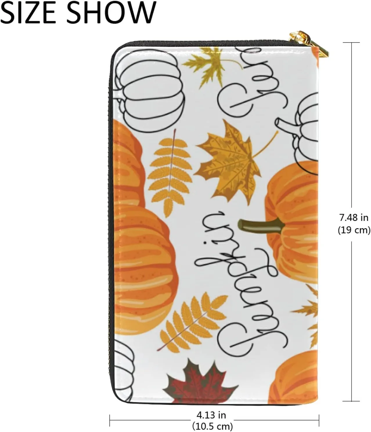 Seamless Autumn Leaves, Orange Pumpkins, Draft Pumpkins Leather Long Wallet Organizer with Zipper Purse Clutch Bag for Women Men