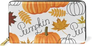 Seamless Autumn Leaves, Orange Pumpkins, Draft Pumpkins Leather Long Wallet Organizer with Zipper Purse Clutch Bag for Women Men