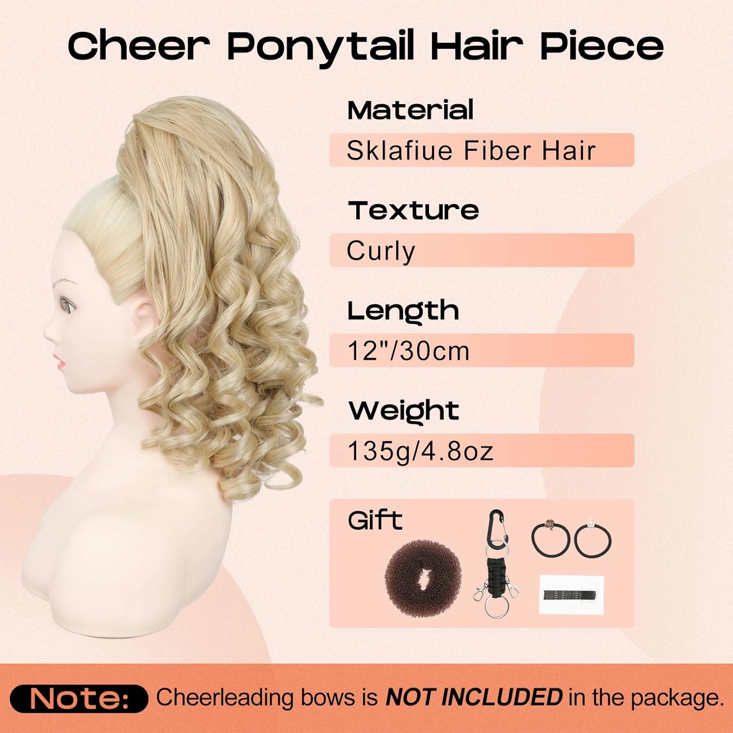 SEIKEA Cheer Ponytail Hair Piece, 14" Curly Cheerleader Hairpiece Ponytail Extension for Cheerleader Competition, Dance Champagne Blonde