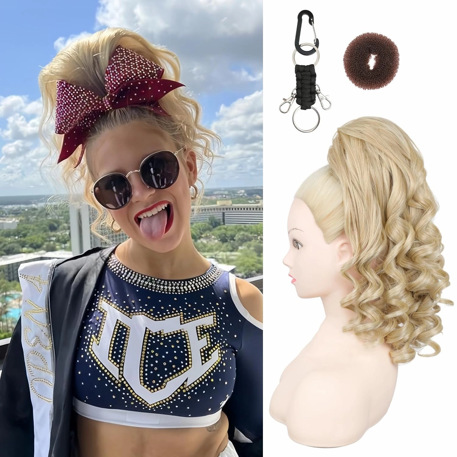 SEIKEA Cheer Ponytail Hair Piece, 14" Curly Cheerleader Hairpiece Ponytail Extension for Cheerleader Competition, Dance Champagne Blonde