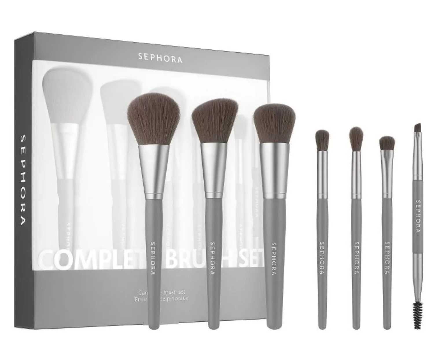 Sephora Collection Complete Makeup Brush Set - Set of 7 Brushes, Full Size, grey