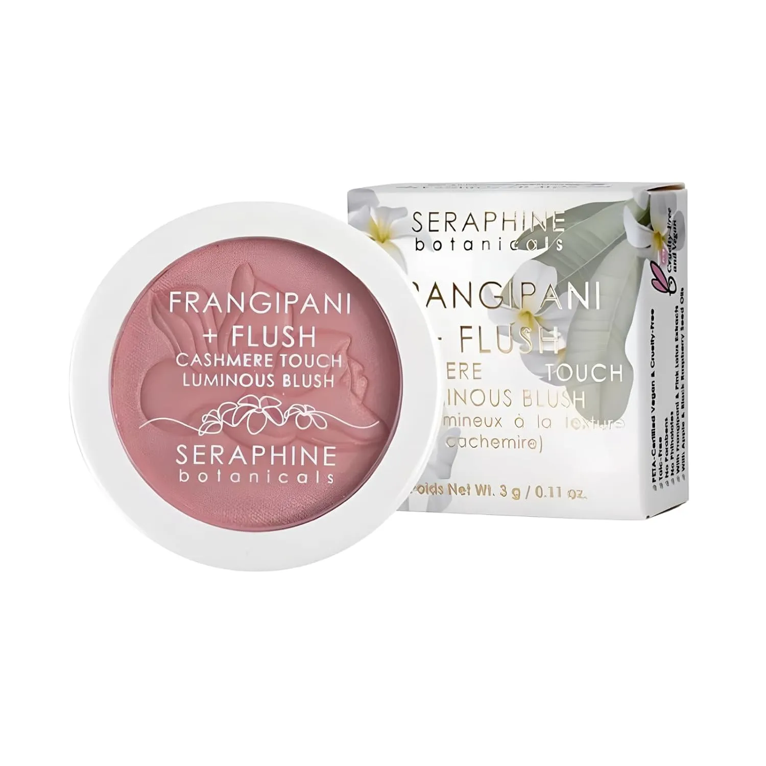 Seraphine Botanicals Blush Powder Frangipani   Flush Cashmere Touch Luminous Pigmented Blends Easily & Contours Cheeks Silky Texture Pink Lotus Extracts & Apple & Raspberry Seed Oil 3g (Chanterelle)