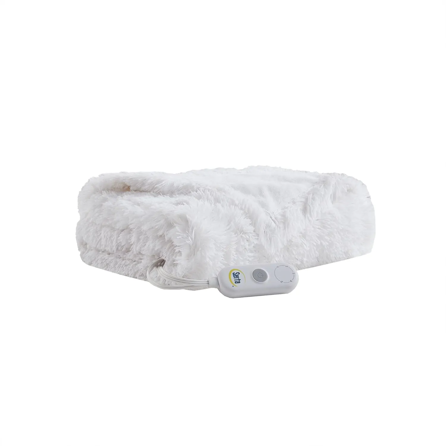 Serta Mila Shaggy Heated Throw Blanket - Soft Faux Fur Heated Blanket, Fast Heating, Auto Shut Off Timer, Low EMF, 5 Heat Setting, ETL Certified, Machine Washable Electric Blanket, Champagne 50"x60"